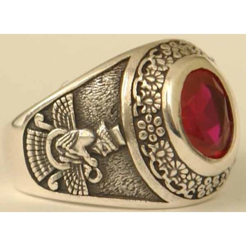 IRAN Persia Shah Pahlavi Lion & Sun Shiro Khorshid & Zoroastrian Farvahar Wing Red Rubby Imitation Stone Silver 925 Ring IRAN Persia Shah Pahlavi Lion & Sun Shiro Khorshid & Zoroastrian Farvahar Wing Red Rubby Imitation Stone Silver 925 Ring