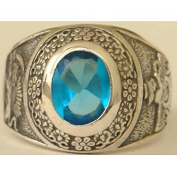 IRAN Persia Shah Pahlavi Lion & Sun Shiro Khorshid & Zoroastrian Farvahar Wing Blue Topaz Imitation Stone Silver 925 Ring