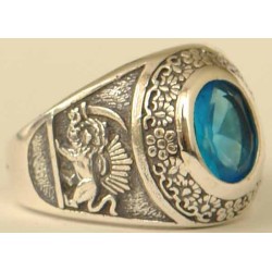 IRAN Persia Shah Pahlavi Lion & Sun Shiro Khorshid & Zoroastrian Farvahar Wing Blue Topaz Imitation Stone Silver 925 Ring