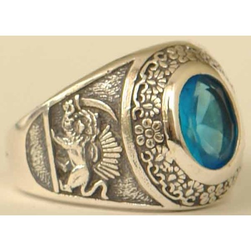 IRAN Persia Shah Pahlavi Lion & Sun Shiro Khorshid & Zoroastrian Farvahar Wing Blue Topaz Imitation Stone Silver 925 Ring IRAN Persia Shah Pahlavi Lion & Sun Shiro Khorshid & Zoroastrian Farvahar Wing Blue Topaz Imitation Stone Silver 925 Ring