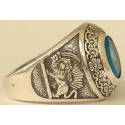 IRAN Persia Shah Pahlavi Lion & Sun Shiro Khorshid & Zoroastrian Farvahar Wing Blue Topaz Imitation Stone Silver 925 Ring