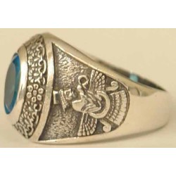 IRAN Persia Shah Pahlavi Lion & Sun Shiro Khorshid & Zoroastrian Farvahar Wing Blue Topaz Imitation Stone Silver 925 Ring