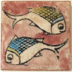Iran Persia Hand Painted Pottery Glazed Ceramic Tile Depicting 2 Fish