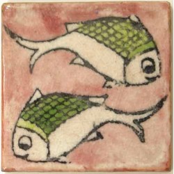 Iran Persia Hand Painted Pottery Glazed Ceramic Tile Depicting 2 Fish