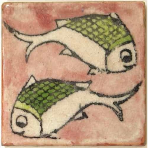 Iran Persia Hand Painted Pottery Glazed Ceramic Tile Depicting 2 Fish