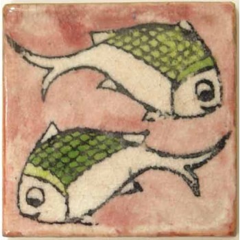 Iran Persia Hand Painted Pottery Glazed Ceramic Tile Depicting 2 Fish
