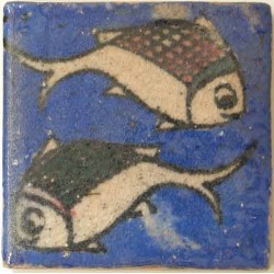 Iran Persia Hand Painted Pottery Glazed Ceramic Tile Depicting 2 Fish