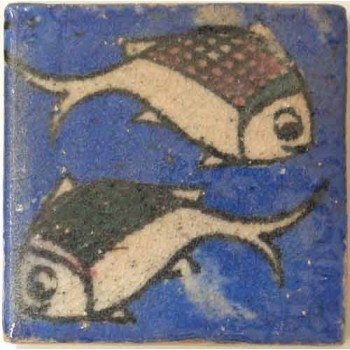 Iran Persia Hand Painted Pottery Glazed Ceramic Tile Depicting 2 Fish
