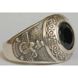 IRAN Persia Shah Pahlavi Lion & Sun Shiro Khorshid & Zoroastrian Farvahar Wing Black Imitation Stone Silver 925 Ring
