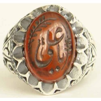 Iran Islam Shia YA ALI ( means Oh Imam Ali ) carved in Nice Arabic Calligraphy on Natural Agate Sterling Silver 925 Ring