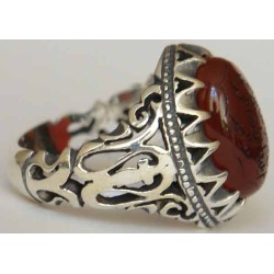Iran Islam Quran Surat Al-Tawheed Al-Ikhlas Engraved on Natural Agate Aqeeq Aqiq Sterling Silver 925 Ring