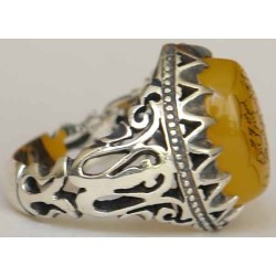 Iran Islam Quran Surat Al-Tawheed Al-Ikhlas Engraved on Natural Yellow Agate Aqeeq Aqiq Sterling Silver 925 Ring