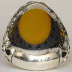 Iran Islam Quran Surat Al-Tawheed Al-Ikhlas Engraved on Natural Yellow Agate Aqeeq Aqiq Sterling Silver 925 Ring
