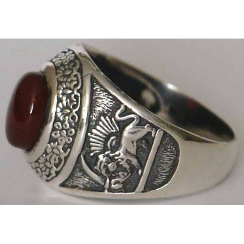 IRAN Persia Shah Pahlavi Lion & Sun Shiro Khorshid & Zoroastrian Farvahar Wing Agate Silver 925 Ring