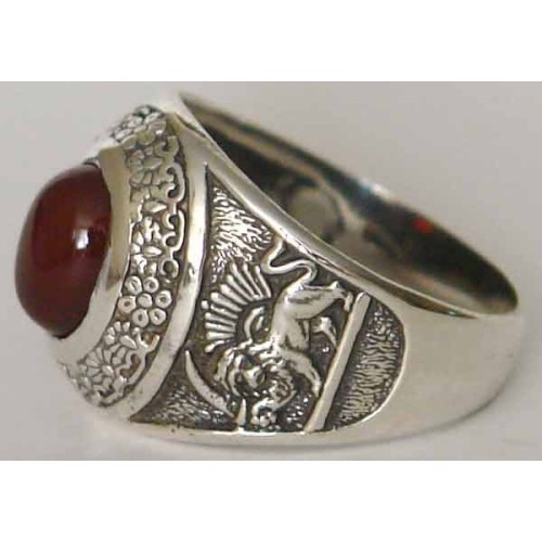 IRAN Persia Shah Pahlavi Lion & Sun Shiro Khorshid & Zoroastrian Farvahar Wing Agate Silver 925 Ring
