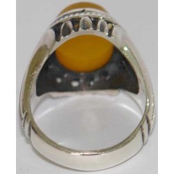 Iran Islam Quran Surat Al-Tawheed Al-Ikhlas Engraved on Natural Yellow Agate Aqeeq Aqiq Sterling Silver 925 Ring