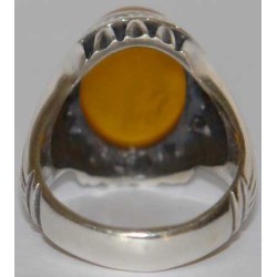 Iran Islam Shia Allah & 14 Masoom Imams Natural Yellow Agate Aqeeq Aqiq Akik Sterling Silver 925 Ring