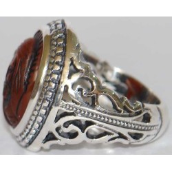Iran Islam Islamic Shia Imam Ali a.s. Face Hand Carving on Agate Aqeeq Aqiq Akeek Gemstone Sterling Silver 925 Ring