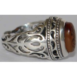 Iran Islam Shia Allah & 14 Masoom Imams Natural Yamani Yemeni Agate Aqeeq Aqiq Akik Sterling Silver 925 Ring