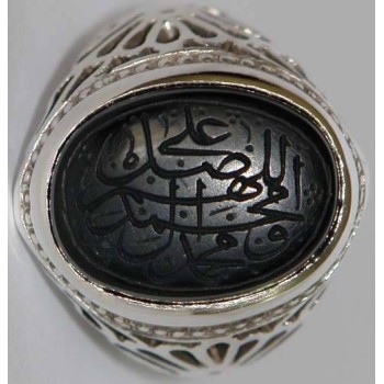 Iran Islam Shia SALAWAT Blessing to Prophet & Ahlu-l Bait Natural Black Agate Aqeeq Aqiq Onyx Silver 925 Ring