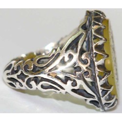 Iran Islam Shia Mirror Quran Ayah Basmala Bismillah in Nice Arabic Calligraphy on Natural Yellow Agate Sterling Silver 925 Ring