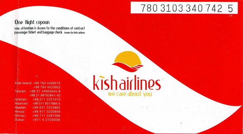 Iran Kish Airlines Used Passenger Flight Ticket & Boarding Pass