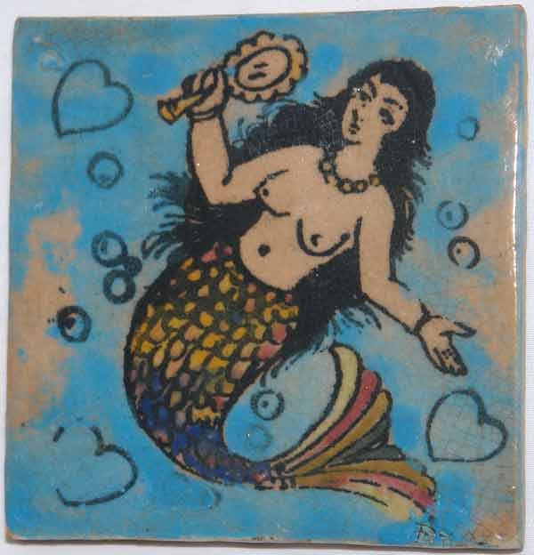Iran Persia Hand Painted Pottery Glazed Ceramic Tile Depicting a Mermaid