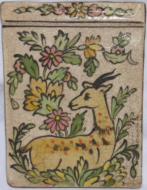 Iran Persia Hand Painted Pottery Glazed Ceramic Tile Depicting a Gazelle between Flowers