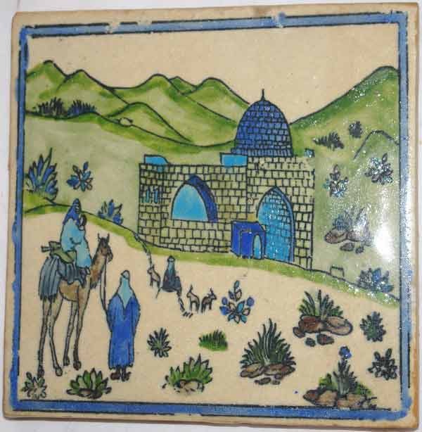 Iran Persia Drawing Man with Family on Camel Moving Toward Mosque Hand Painted Pottery Glazed Ceramic Tile