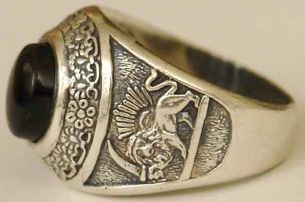 IRAN Persia Shah Pahlavi Lion & Sun Shiro Khorshid & Zoroastrian Farvahar Wing Onyx Black Agate Silver 925 Ring