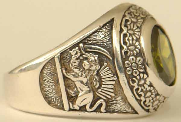 IRAN Persia Shah Pahlavi Lion & Sun Shiro Khorshid & Zoroastrian Farvahar Wing Olive Imitation Stone Silver 925 Ring