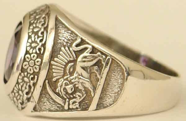 IRAN Persia Shah Pahlavi Lion & Sun Shiro Khorshid & Zoroastrian Farvahar Wing Violet Imitation Stone Silver 925 Ring