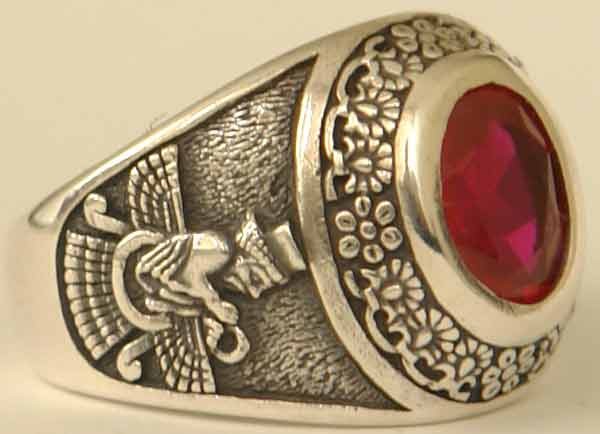 IRAN Persia Shah Pahlavi Lion & Sun Shiro Khorshid & Zoroastrian Farvahar Wing Red Rubby Imitation Stone Silver 925 Ring