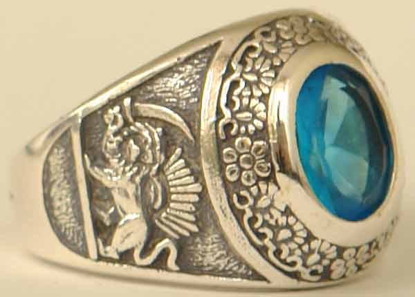IRAN Persia Shah Pahlavi Lion & Sun Shiro Khorshid & Zoroastrian Farvahar Wing Blue Topaz Imitation Stone Silver 925 Ring