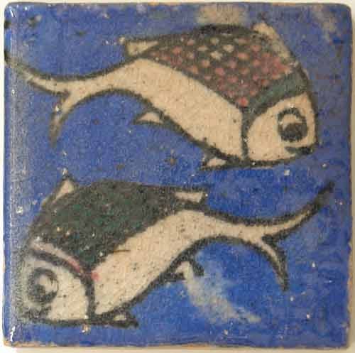 Iran Persia Hand Painted Pottery Glazed Ceramic Tile Depicting 2 Fish