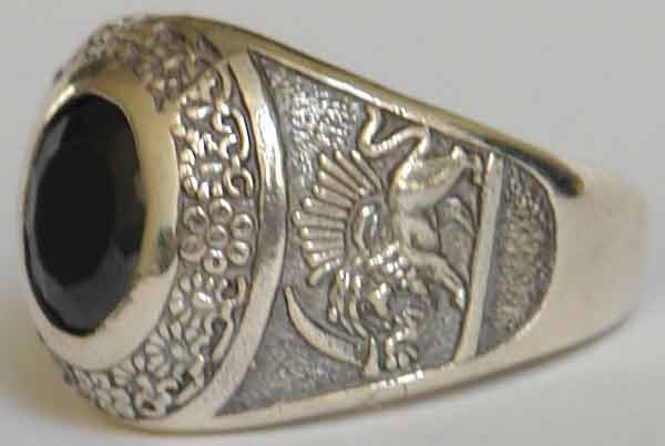 IRAN Persia Shah Pahlavi Lion & Sun Shiro Khorshid & Zoroastrian Farvahar Wing Black Imitation Stone Silver 925 Ring