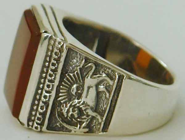 IRAN Persia Shah Pahlavi Lion & Sun Shiro Khorshid Natural Agate Aqeeq Aqiq Akik Silver 925 Ring