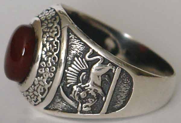 IRAN Persia Shah Pahlavi Lion & Sun Shiro Khorshid & Zoroastrian Farvahar Wing Agate Silver 925 Ring
