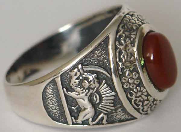 IRAN Persia Shah Pahlavi Lion & Sun Shiro Khorshid & Zoroastrian Farvahar Wing Agate Silver 925 Ring