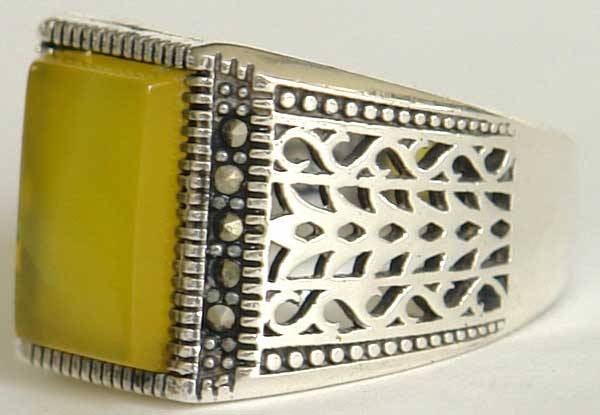 Iran Islam Shia Natural Square Yellow Agate Aqeeq Aqiq Akeek Sterling Silver 925 Ring