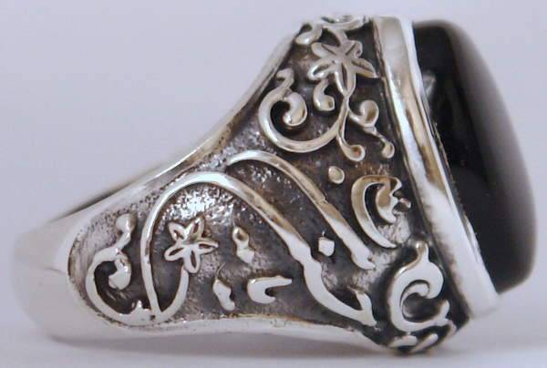 Iran Islam Shia Karbala Ahlul-Bayt Imam Husain & Abul-Fazl Al-Abbas Natural Onyx Black Agate Aqeeq Sterling Silver 925 Ring